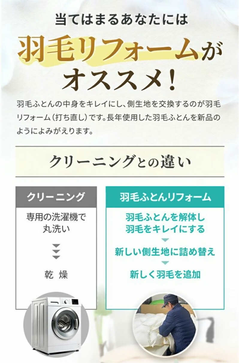 羽毛ふとんの中身をキレイにし側生地を交換するのが羽毛リフォーム
