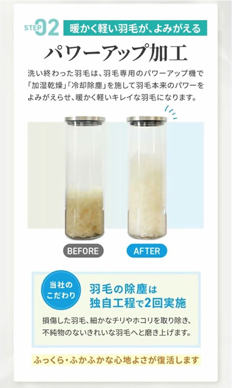 暖かく軽い羽毛がよみがえるパワーアップ加工