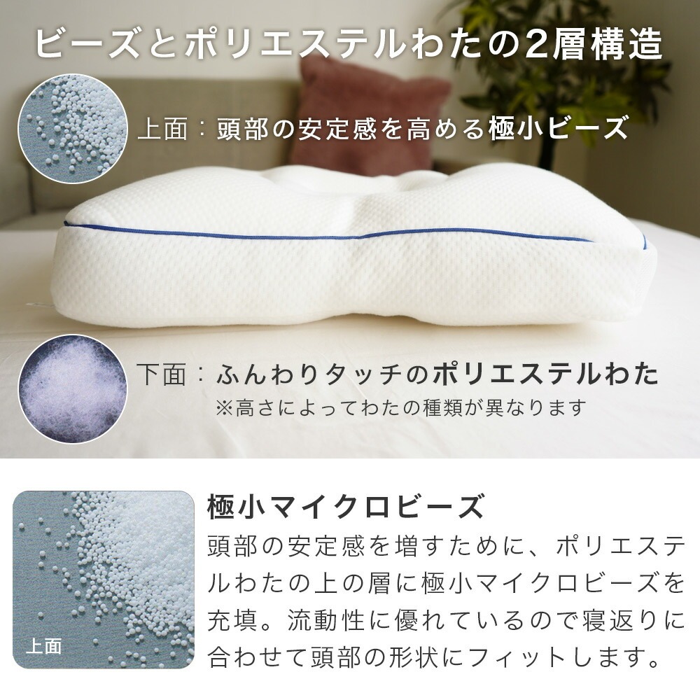 枕はビーズとポリエステルわたの2層構造