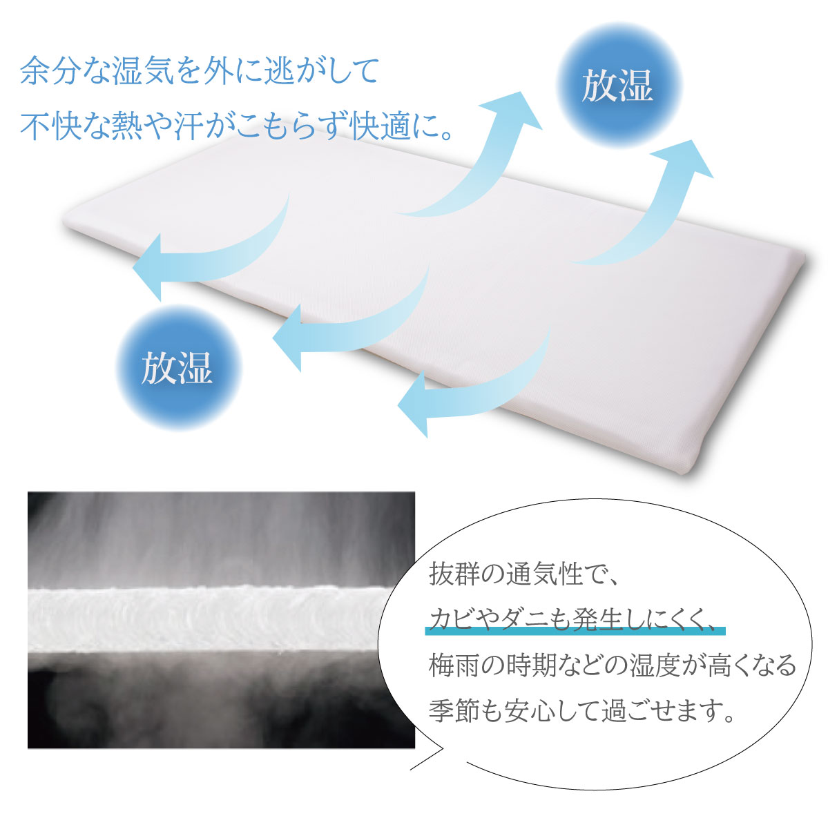 余分な湿気を外に逃がして不快な熱や汗がこもらず快適に。