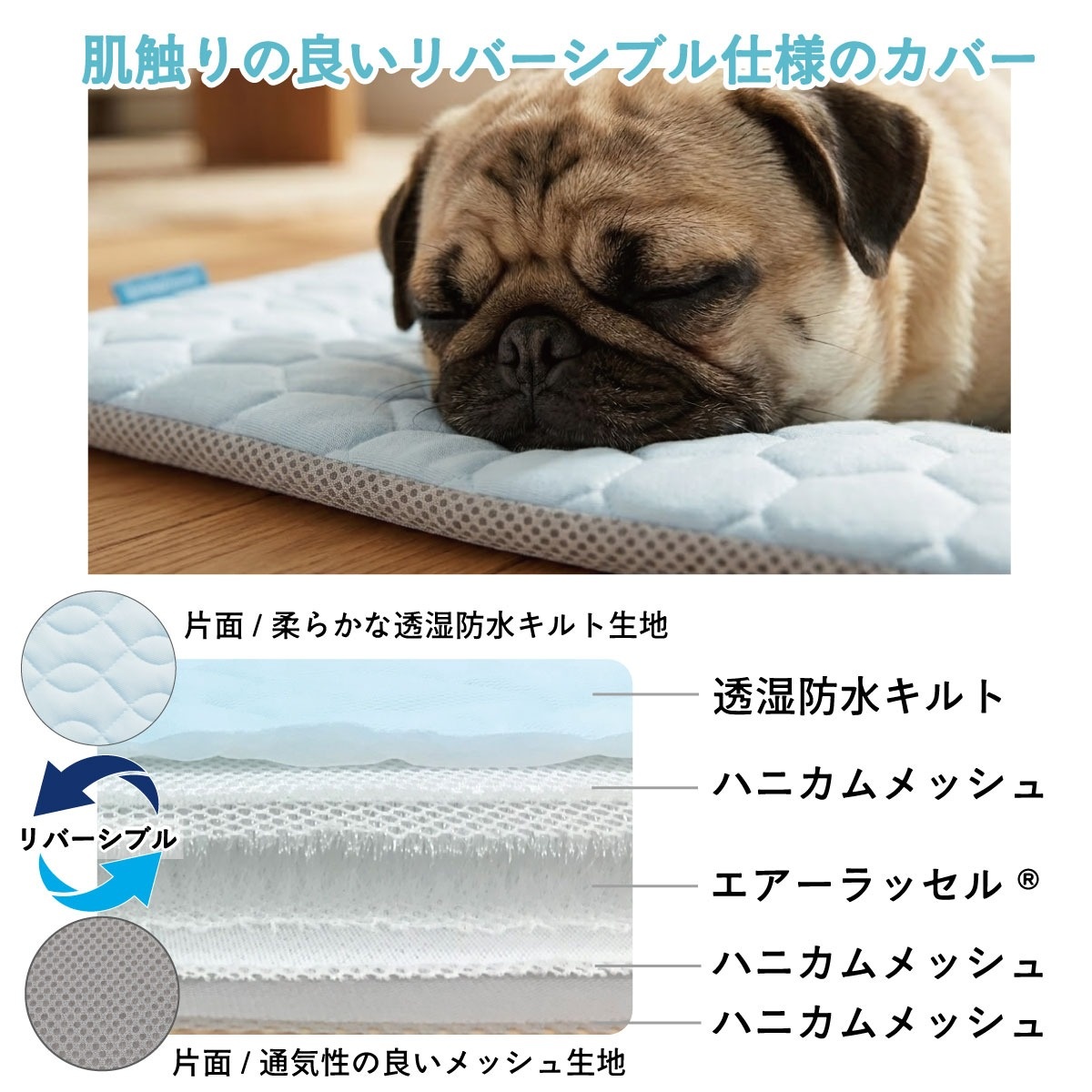 透湿防水ペットマットレス 肌触りの良いリバーシブル仕様のカバー